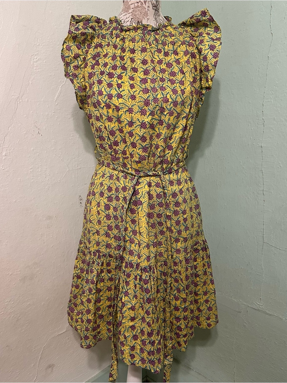 Banjanan Yellow Floral Ruffle Sleeve Tie-Waist Mini Dress small tiered lined